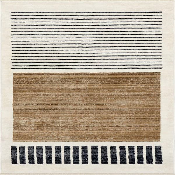 Keeva Modern Striped Fringe Beige 3 ft. x 8 ft. Runner Rug