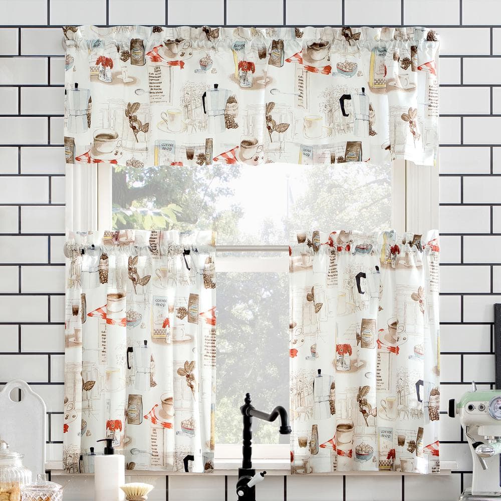 White Coffee Shop Themed Sheer Polyester Kitchen Curtain Set