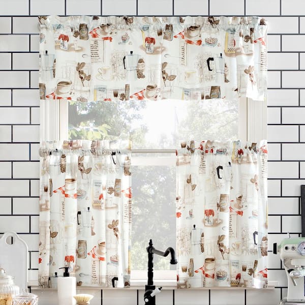 Brew Coffee Shop White Polyester 54 in. W x 24 in. L Rod Pocket Light Filtering Curtain Set for Kitchens (Set of 3)