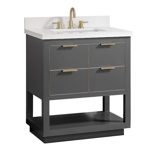 Allie 31 in. Single Sink Twilight Gray with Gold Trim Bath Vanity with White Quartz Top