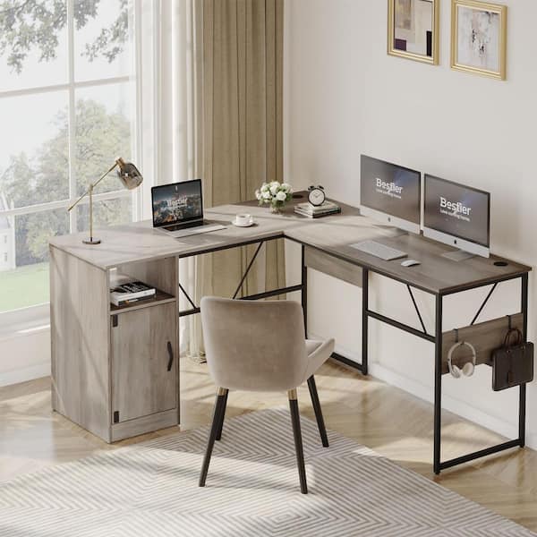 Bestier 60 in. L shaped Wash Grey Wood Desk with Cabinet and Hooks