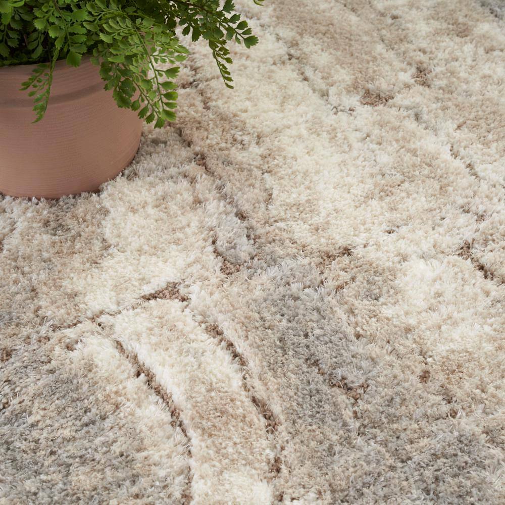 Ivory Beige Abstract Shag Synthetic Rectangular Rug 5'3" x 7'3"