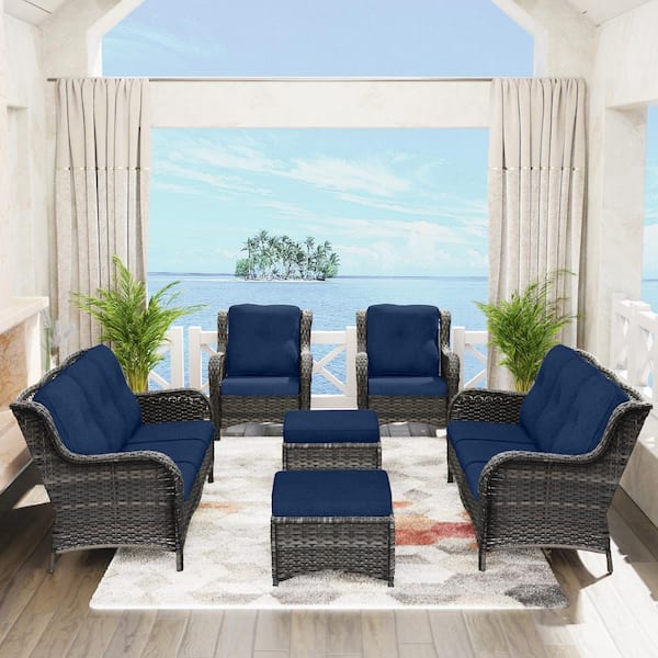 Gardenbee 6-Piece Wicker Outdoor Patio Conversation Lounge Chair Sofa Set with Blue Cushions and Ottomans