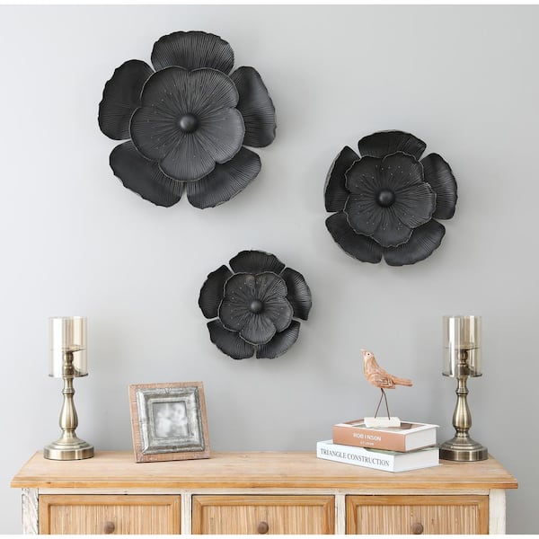 LuxenHome 3-Piece Black Metal Flowers Wall Decor WHA936 - The Home