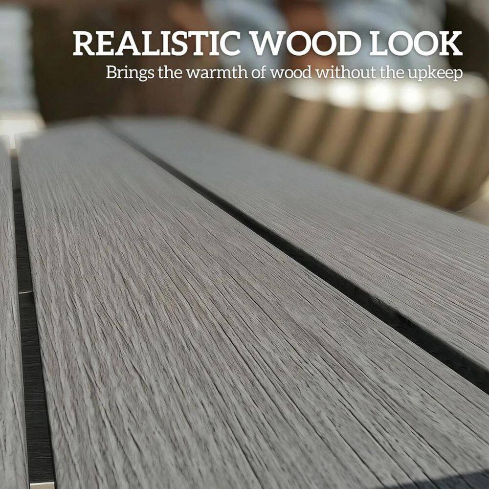 Detailed view of the realistic wood-grain texture on the gray HDPE bench.
