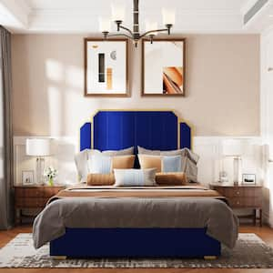 Navy Blue Wood Frame Queen Platform Bed with 59.06 in.Headboard, No Box Spring Needed