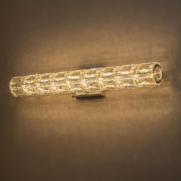 MENCOLULU 28.5 in. 1-Light Modern Chrome Metal Linear Integrated LED Bathroom Vanity Light Dimmable with Crystal Shade