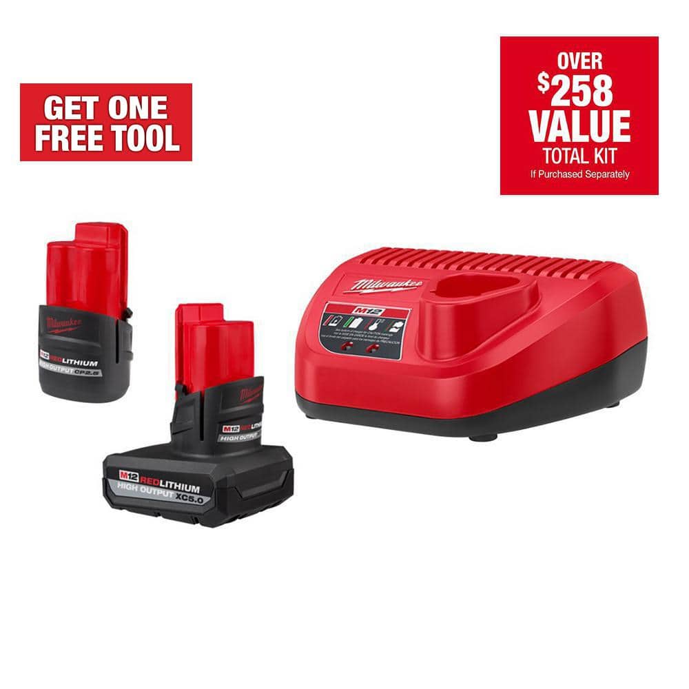 Milwaukee M12 12-Volt Lithium-Ion High Output 5.0 Ah and 2.5 Ah Battery Packs and Charger Starter Kit