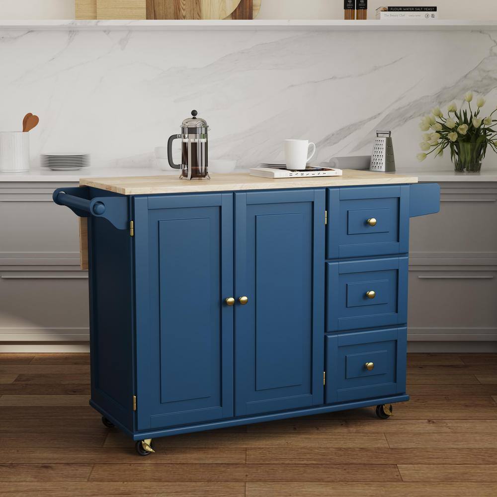 Blue Wood Drop Leaf Kitchen Cart with Spice Rack