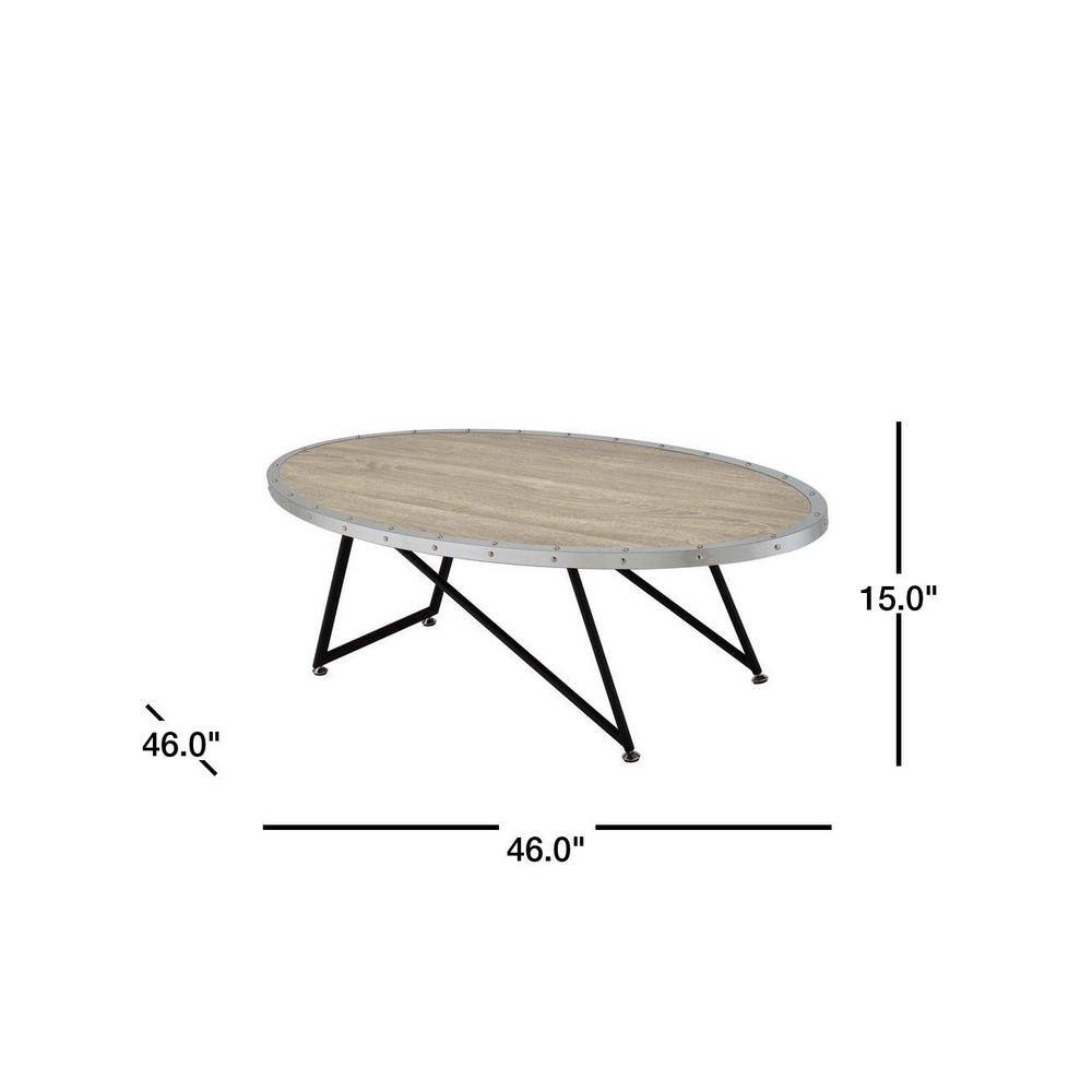 Weathered Gray Oak Oval Coffee Table with Metal Trim