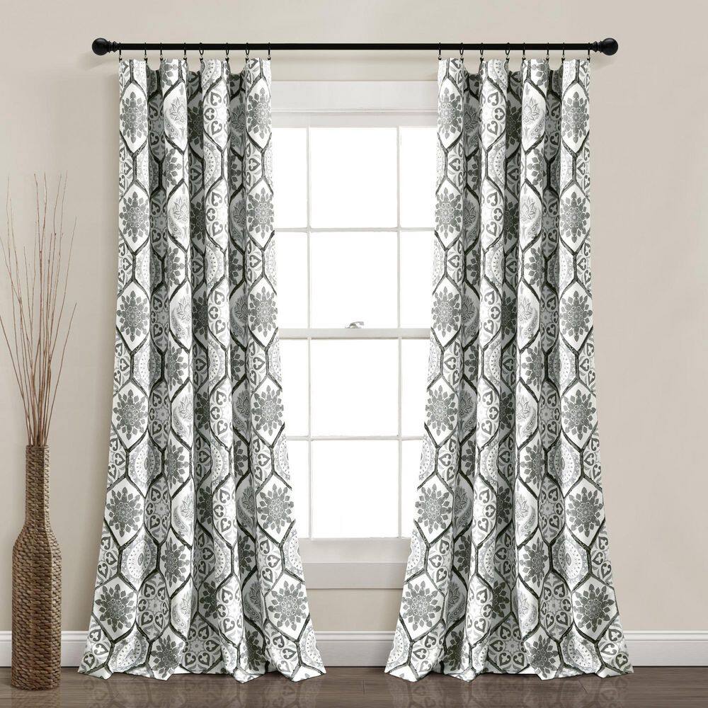 Gray Suzani Pattern Light Filtering Polyester Window Panels