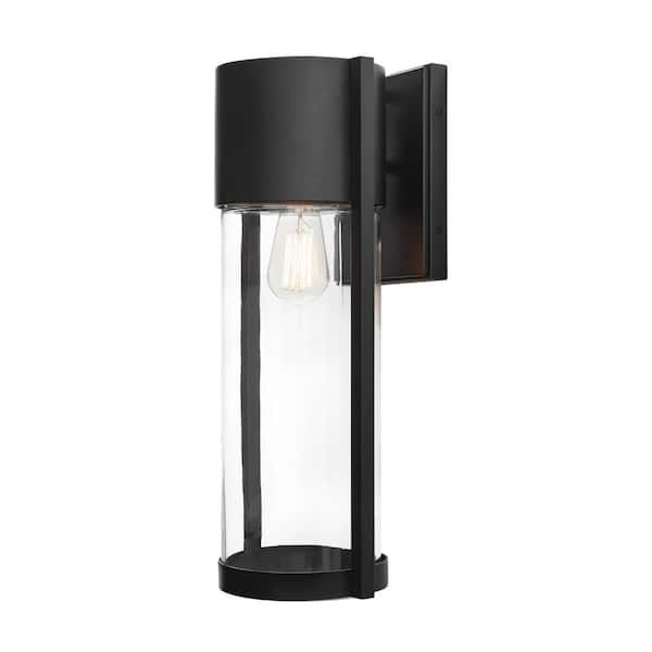 Hampton Bay Kempster 19 in. Modern 1-Light Matte Black Modern Outdoor Wall Cylinder Light with Clear Glass