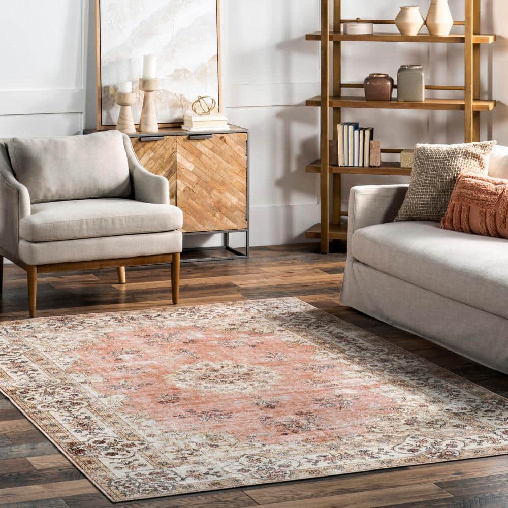 Peach and Cream 8' x 10' Vintage Floral Washable Rug