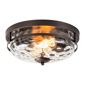 Huson 12.9 in. 2-Light Oil Rubbed Bronze Industrial Farmhouse Flush Mount with Clear Bubble Water Rippled Glass Shade