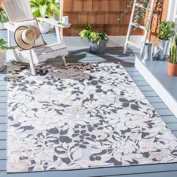 Cabana Ivory/Charcoal Doormat 3 ft. x 5 ft. Floral Striped Indoor/Outdoor Patio Area Rug