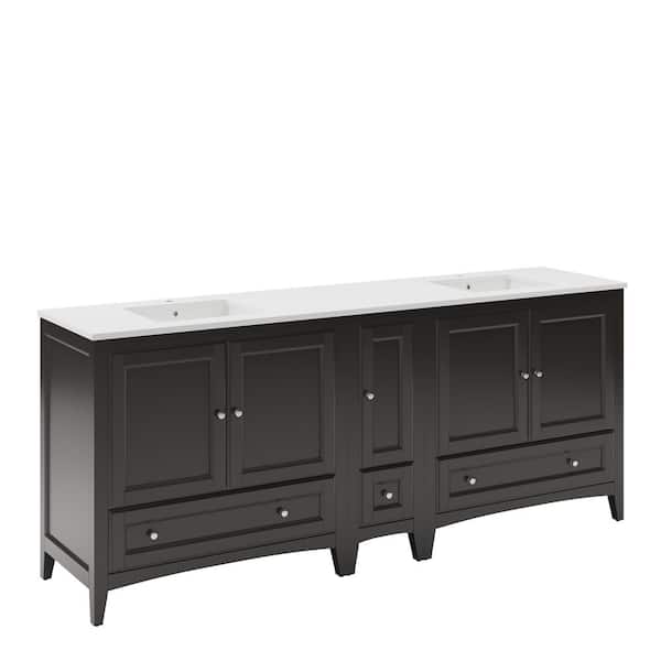 Oxford 84 in. Double Vanity in Espresso with Quartz Stone Vanity Top in White with White Basins with Side Cabinet