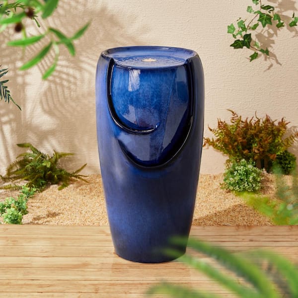 Tall Ceramic Pottery Water Fountain Blue Kinsey Garden Decor