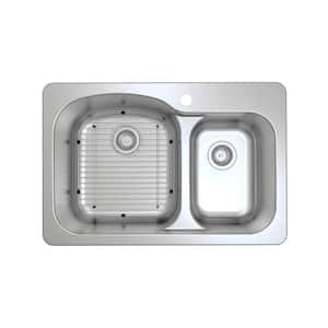 Tusca Series Dual Mount 33 in. 1-Hole Double Bowl Kitchen Sink in Satin Stainless Steel with Grid and Strainers