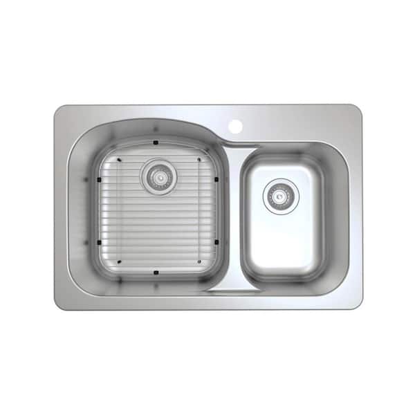 Ancona Tusca Series Dual Mount 33 in. 1-Hole Double Bowl Kitchen Sink in Satin Stainless Steel with Grid and Strainers