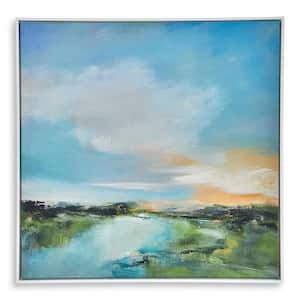 Blue and White Wooden Framed Canvas River Evening Giclee Wall Art