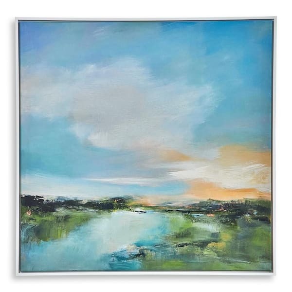 Benjara Blue and White Wooden Framed Canvas River Evening Giclee Wall Art