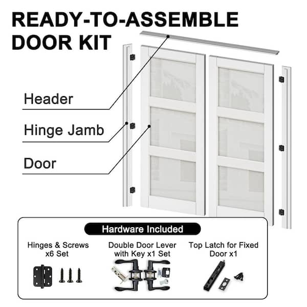 48 in. x 80 in. 3-Lite Frosted Glass Universal White Solid Core Glass Double Prehung French Door + Quick Assemble Jamb
