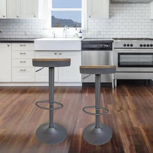 31 in. Natural Stained Wood, Adjustable Height, Round, Swivel Metal Bar Stools (Set of 2)
