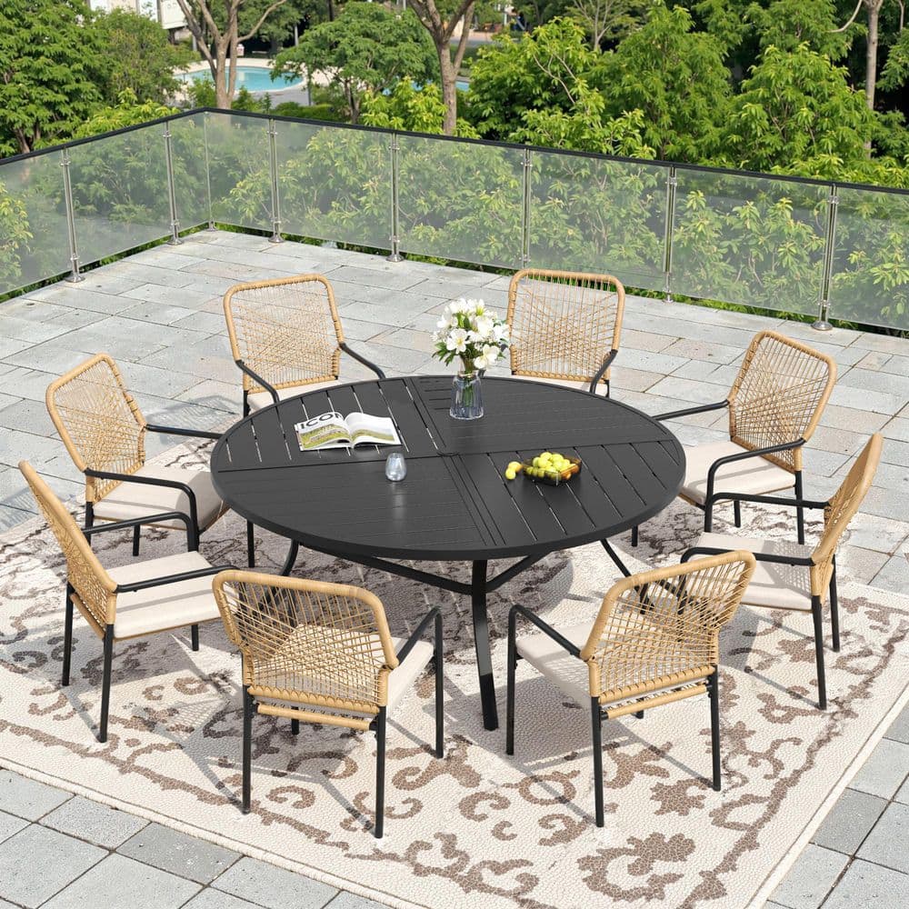 9-Piece Metal Outdoor Patio Dining Set with 53.1 in. Black Round Table and 8 Woven Rattan Chairs with Beige Cushions price history on PriceWatchPro
