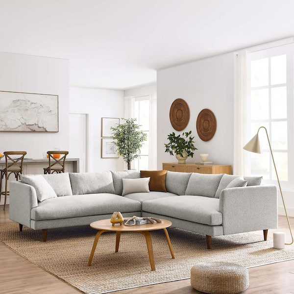 MODWAY Zoya 102 in. Square Arm 3-piece Polyester Rectangle Sectional Sofa in Heathered Weave Light Gray