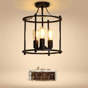 3-Light Black Farmhouse Semi Flush Mount Ceiling Light Fixture, Vintage Ceiling Mount for Dining Room Hallway Entryway