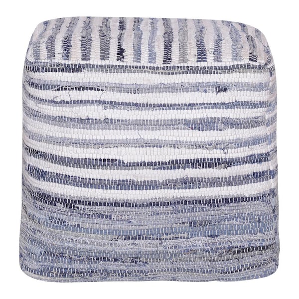 Unbranded Andros Denim Blue/White Cotton Square Pouf Striped