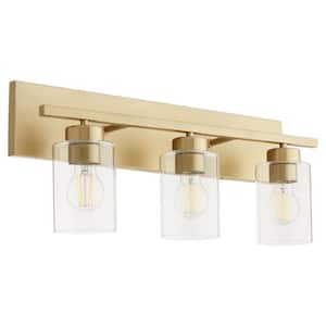 Carter 3-Light- 100-Watts, Medium Lamp Base Light Vanity 14 in. Width with 3-Clear Glass Diffusers - Aged Brass