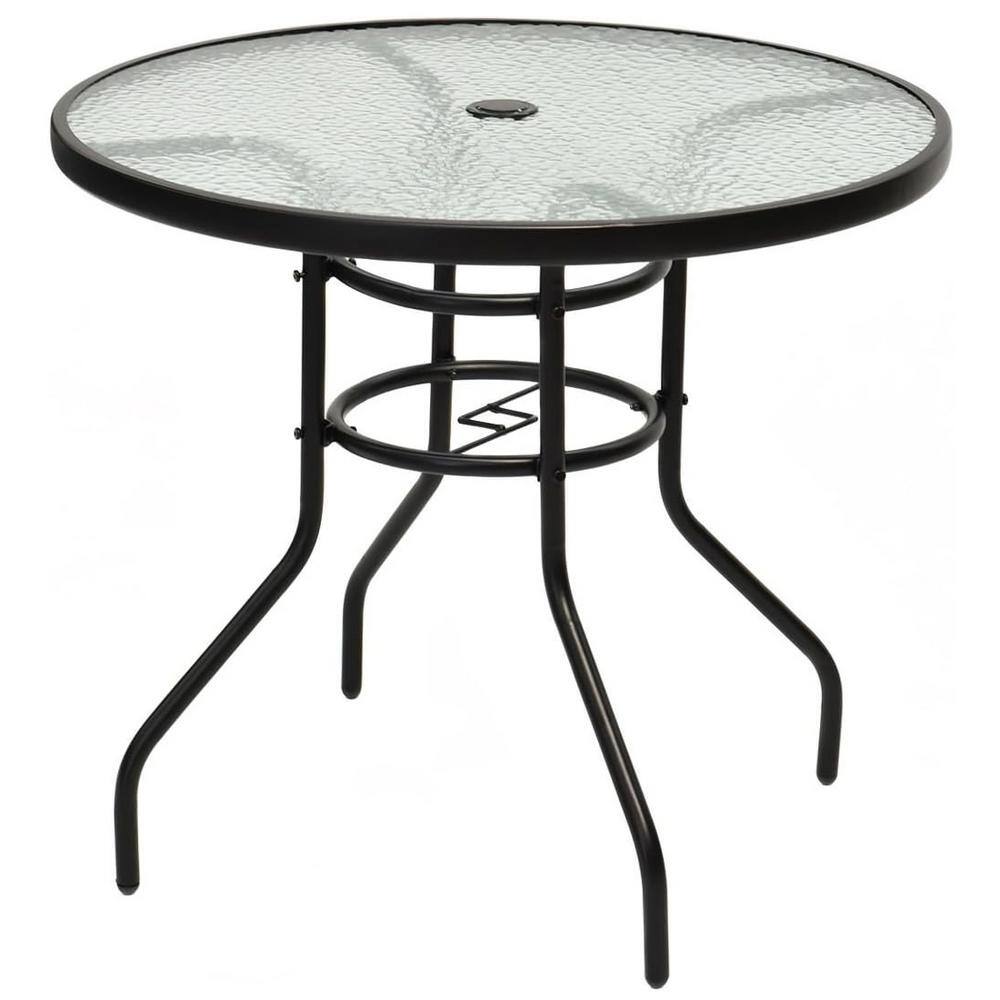 Black Round Steel Outdoor Coffee Table with Tempered Glass Top and Umbrella