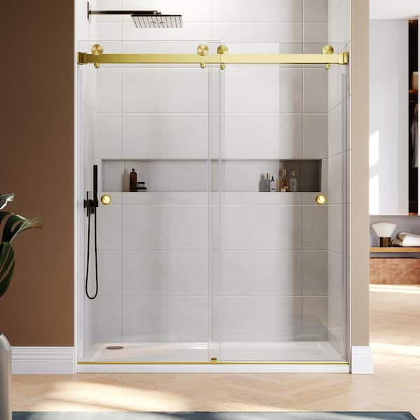 UKD01 56 to 58 in. W x 80 in. H Double Sliding Frameless Shower Door in Satin Brass, EnduroShield 3/8 in. Clear Glass