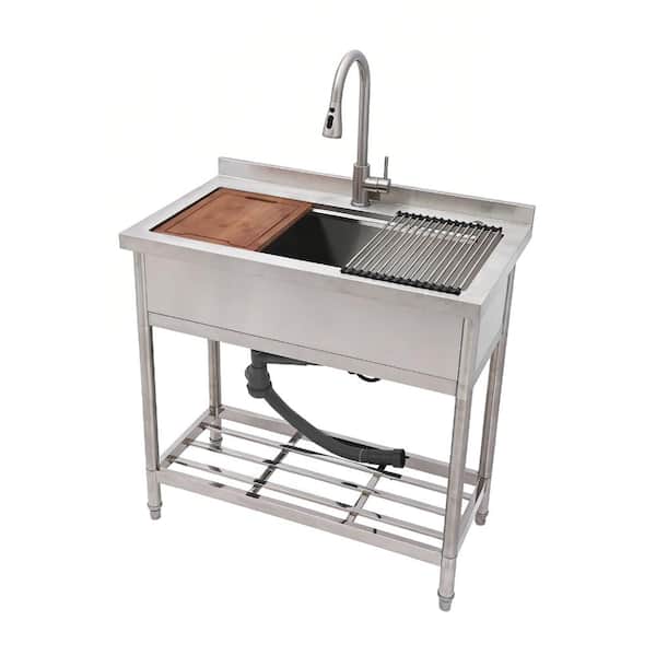 36 in. Freestanding Stainless Steel 1-Compartment  Commercial Laundry/Utility Workstation Sink with Pull-Out Faucet