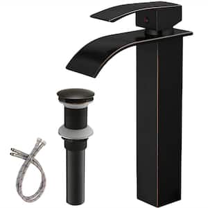 Single Handle Waterfall Bathroom Vessel Sink Faucet Single Hole HIgh Taps with Pop-Up Drain in Oil Rubbed Bronze