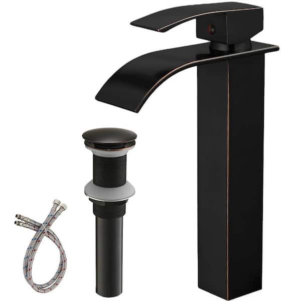 FLG Single Handle Waterfall Bathroom Vessel Sink Faucet Single Hole HIgh Taps with Pop-Up Drain in Oil Rubbed Bronze