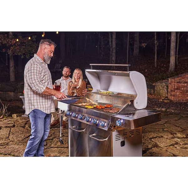 6-Burner Propane Gas Grill in Stainless with LED Controls, Side Burner, Rotisserie Kit, and Grill Cover