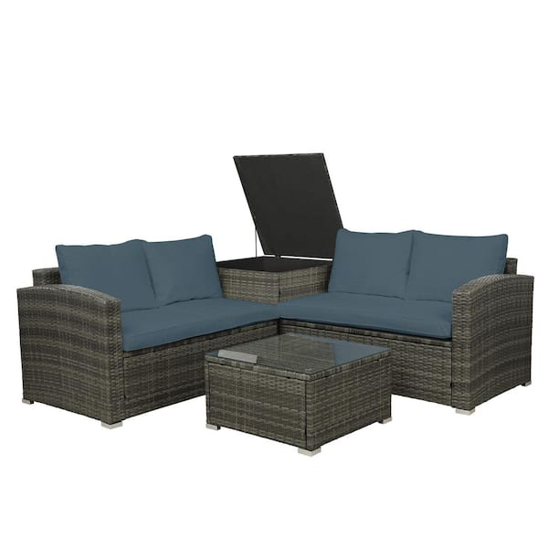 Unbranded Brown 4-Piece Wicker Outdoor Sectional Set with Gray Cushions