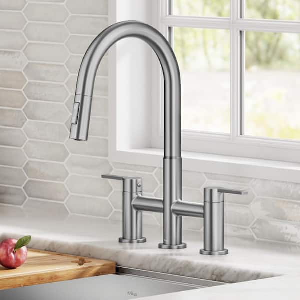 Oletto Double Handle Bridge Kitchen Faucet with Pull-Down Sprayhead in Spot-Free Stainless Steel