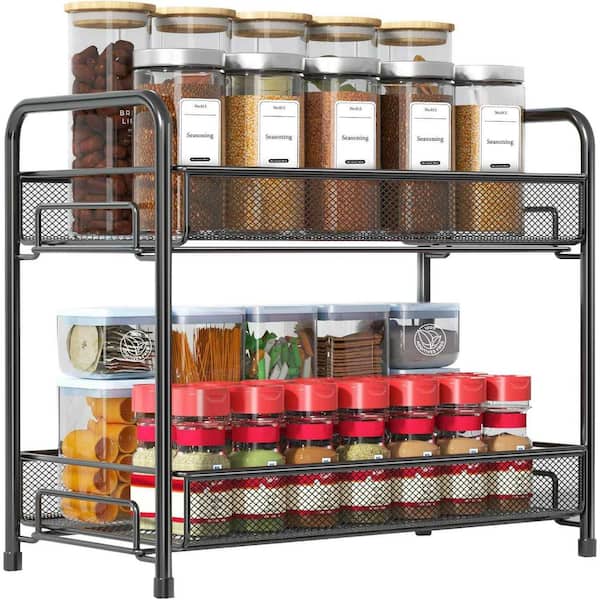 Black 2-Tier Foldable Spice Rack Organizer, Countertop Storage Shelf with Guardrail Mesh Design for Kitchen Pantry
