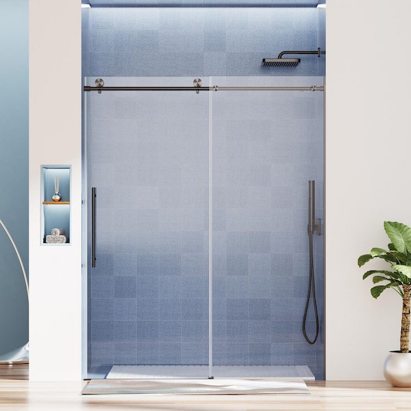 56 in.-60 in. W x 76 in. H Single Sliding Frameless Shower Door in Matte Black with 10mm Tempered Glass, Soft Closing