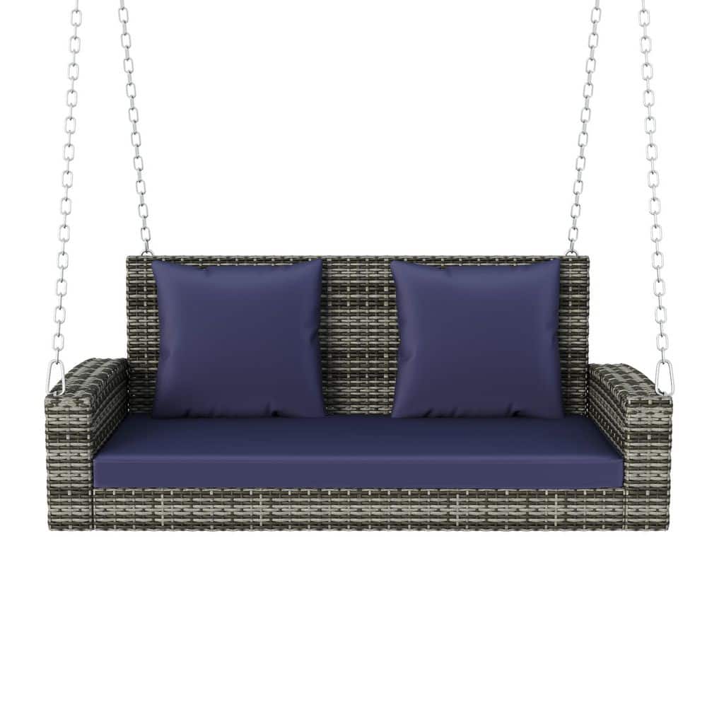 2-Person Gray Wicker Hanging Porch Swing with Blue Cushion and Chains-Swing Bench for Garden price history on PriceWatchPro
