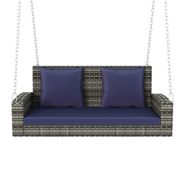 Oyezvary 2-Person Gray Wicker Hanging Porch Swing with Blue Cushion and Chains-Swing Bench for Garden