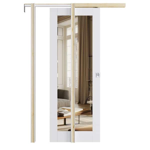 ARK DESIGN 28 in. x 80" 1-Lite Mirrored Glass White Primed Pocket Sliding Door with Hardware Kit (Soft Close Plus Silver Lock Incl)