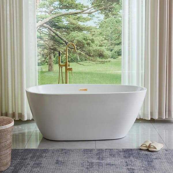 Unbranded Bayonne 59 in. Acrylic Flatbottom Freestanding Bathtub in White/Titanium Gold