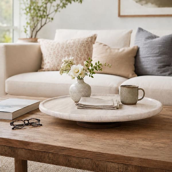 Beige 20 in. Round Marble Decorative Turntable Tray