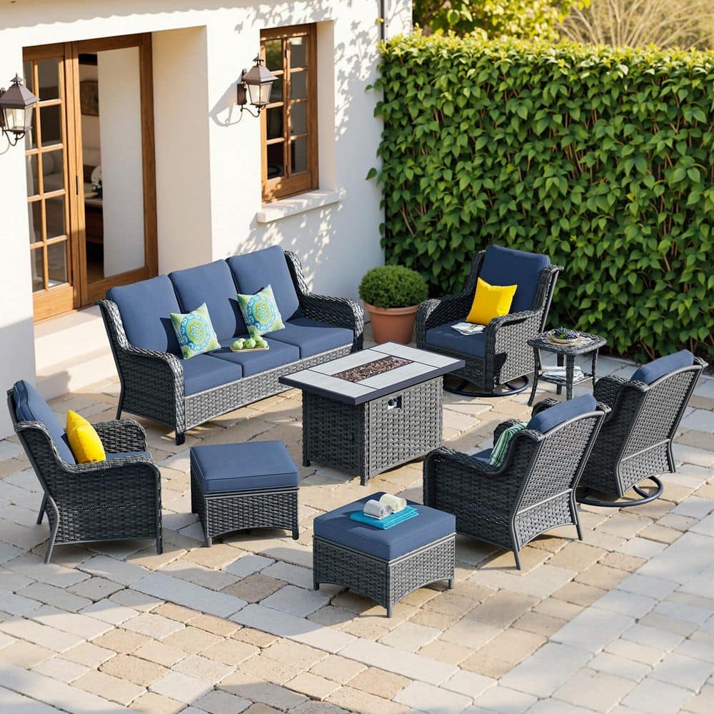 OVIOS Joyoung Gray 9-Piece Wicker Patio Rectangle Fire Pit OVIOS Joyoung Gray 9-Piece Wicker Patio Rectangle Fire Pit