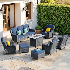 Joyoung Gray 9-Piece Wicker Patio Rectangle Fire Pit Conversation Set with Denim Blue Cushions and Swivel Chairs