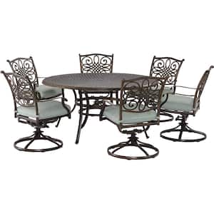 Renditions 7-Piece Aluminum Outdoor Dining Set with Sunbrella Mist Blue Cushions 6 Swivel Rockers and 60 in. Table